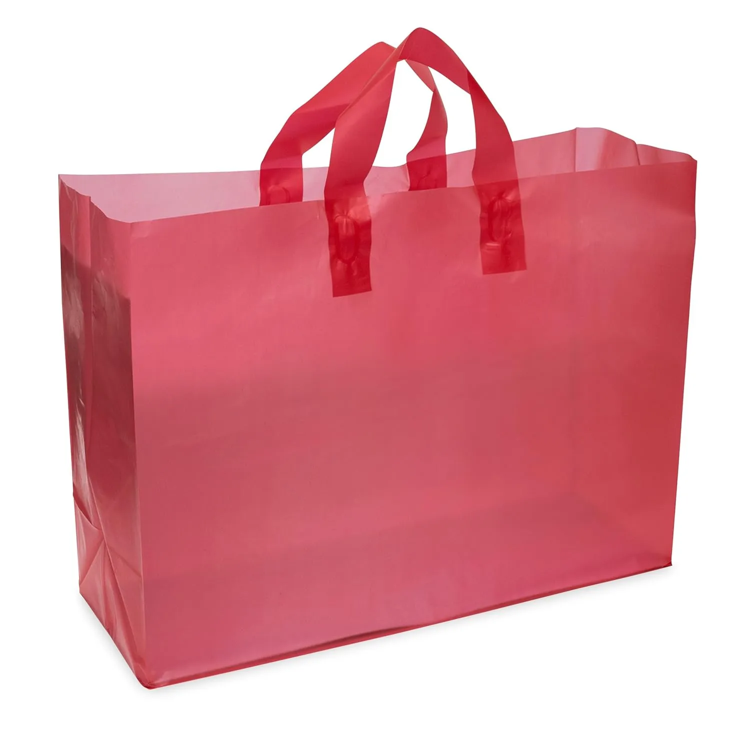 Prime Line Packaging Red Gift Bags with Handles, Plastic Shopping Tote for Christmas, Frosted Wrapping, Holidays, Groceries, Bulk, 16x6x12 100 Pack
