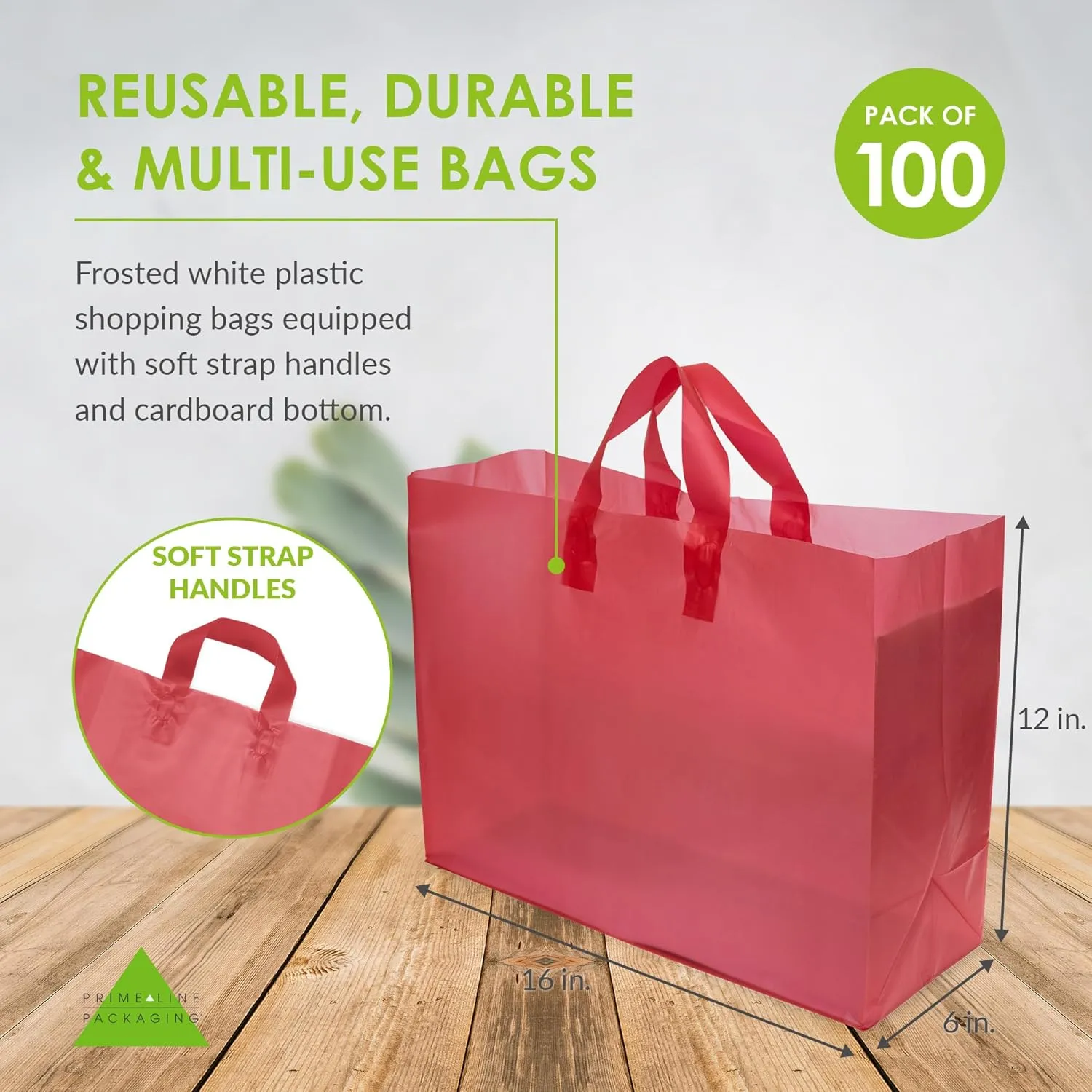 Prime Line Packaging Red Gift Bags with Handles, Plastic Shopping Tote for Christmas, Frosted Wrapping, Holidays, Groceries, Bulk, 16x6x12 100 Pack