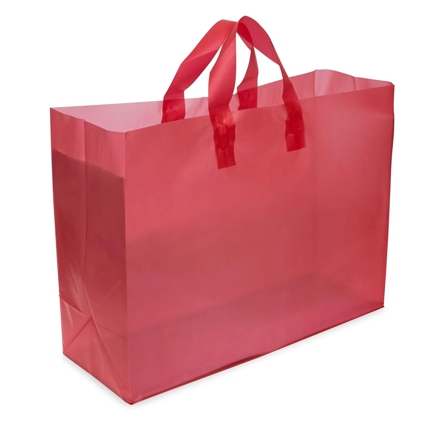Prime Line Packaging Red Gift Bags with Handles, Plastic Shopping Tote for Christmas, Frosted Wrapping, Holidays, Groceries, Bulk, 16x6x12 100 Pack