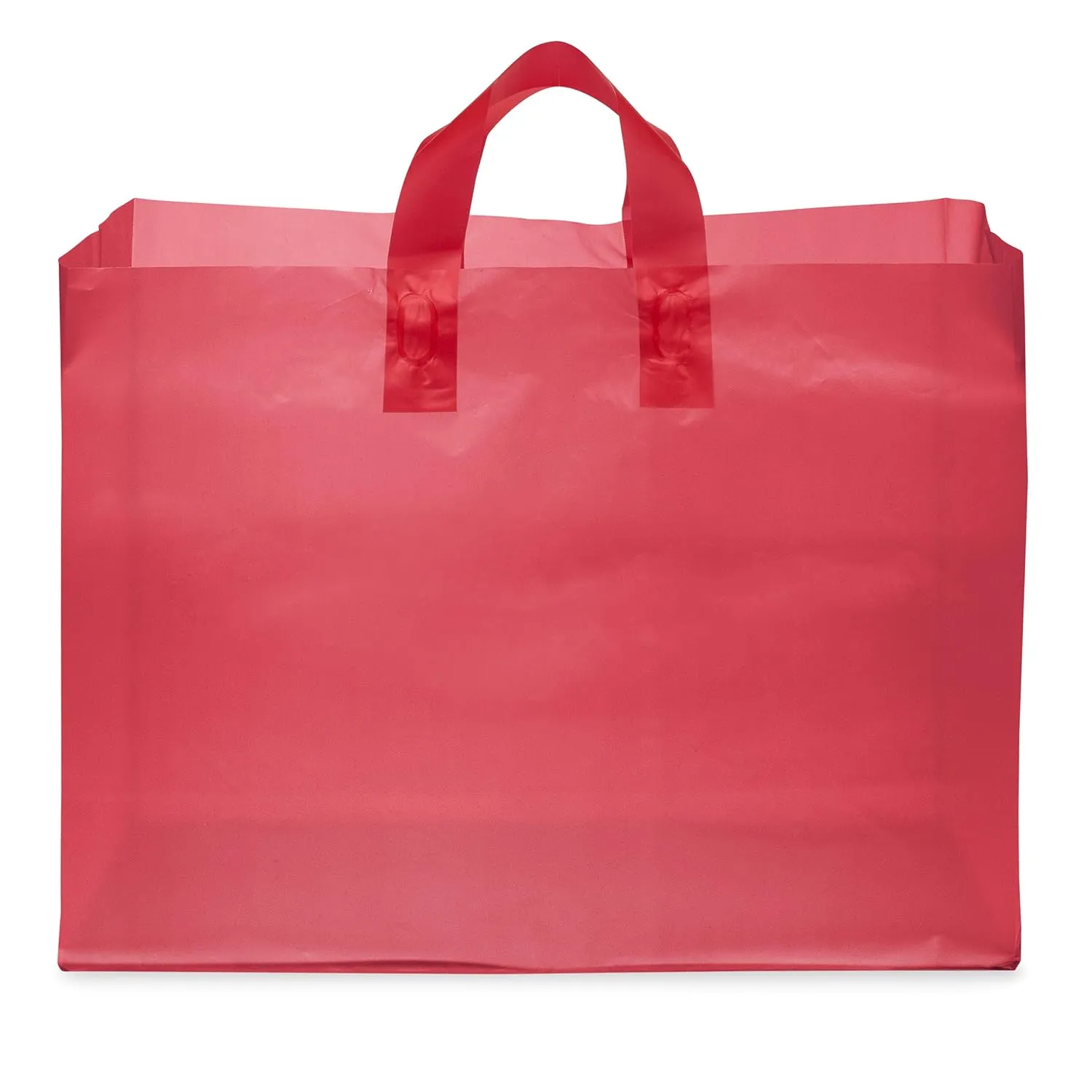 Prime Line Packaging Red Gift Bags with Handles, Plastic Shopping Tote for Christmas, Frosted Wrapping, Holidays, Groceries, Bulk, 16x6x12 100 Pack