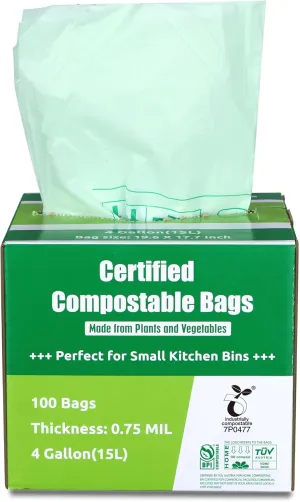 Primode 100% Compostable Bags, 4 Gallon (15L) Food Scraps Yard Waste Bags, Extra Thick 0.75 Mil. ASTM D6400 Compost Bags Small Kitchen Trash Bags, 100 Count Certified by BPI & TUV EU