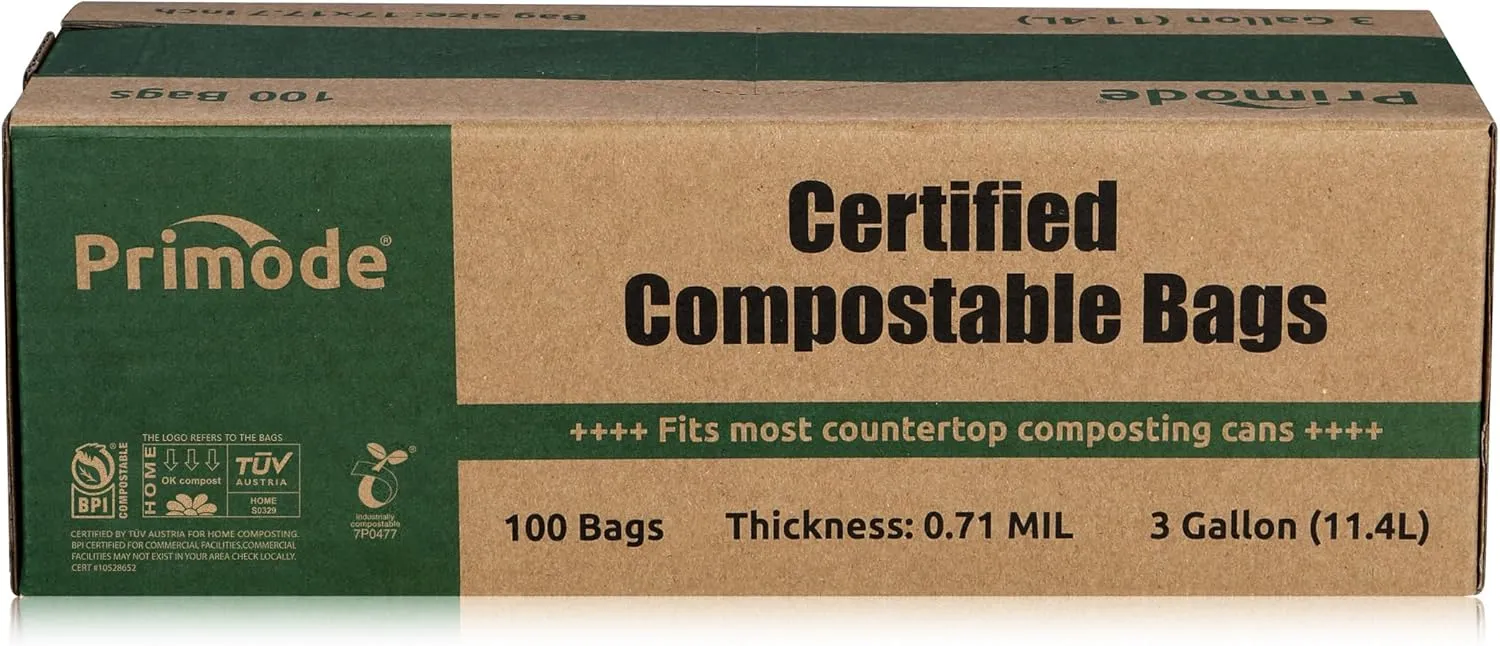 Primode Compostable Bags, 3 Gallon Food Scraps Yard Waste Bags, 100 Count, Extra Thick 0.71 Mil. ASTMD6400 Compost Bags Small Kitchen Trash Bags, Certified By BPI And TÜV AUSTRIA