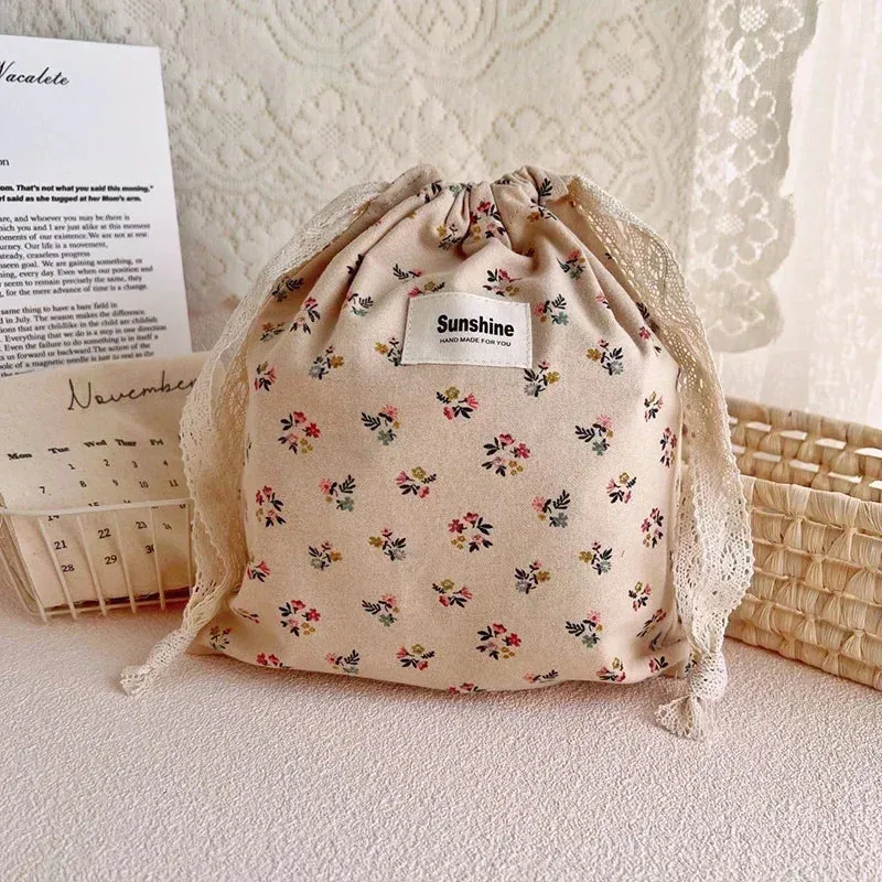 Printed Flower Mommy Bag Baby Diaper Bag Cotton Nappy String Pocket Storage Bag