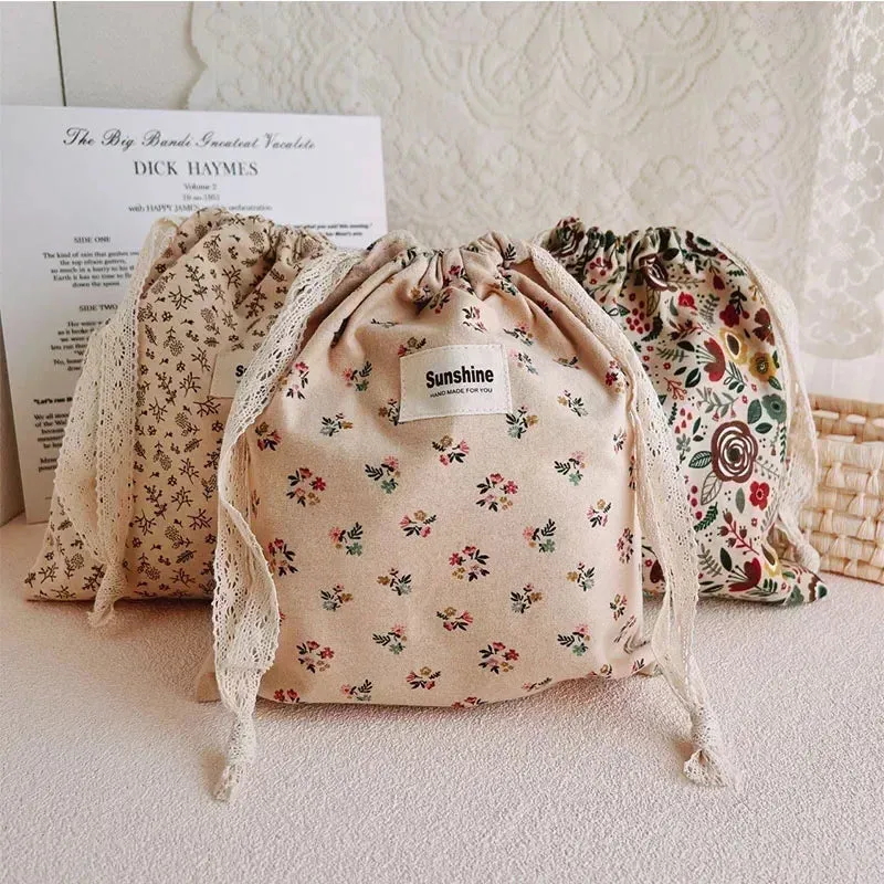 Printed Flower Mommy Bag Baby Diaper Bag Cotton Nappy String Pocket Storage Bag