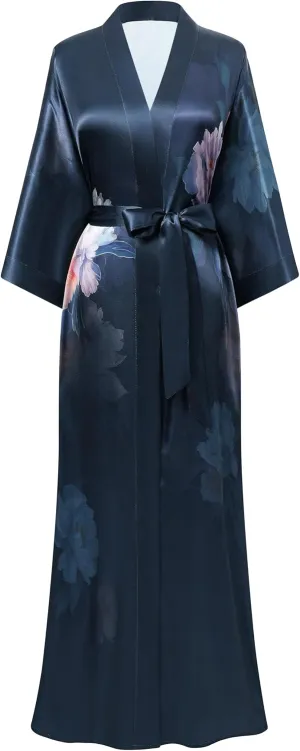 PRODESIGN Kimono Robes for Women - Long Satin Sleepwear Silky Nightgown Bathrobe Floral Dressing Gown Blouse Cardigan Robe