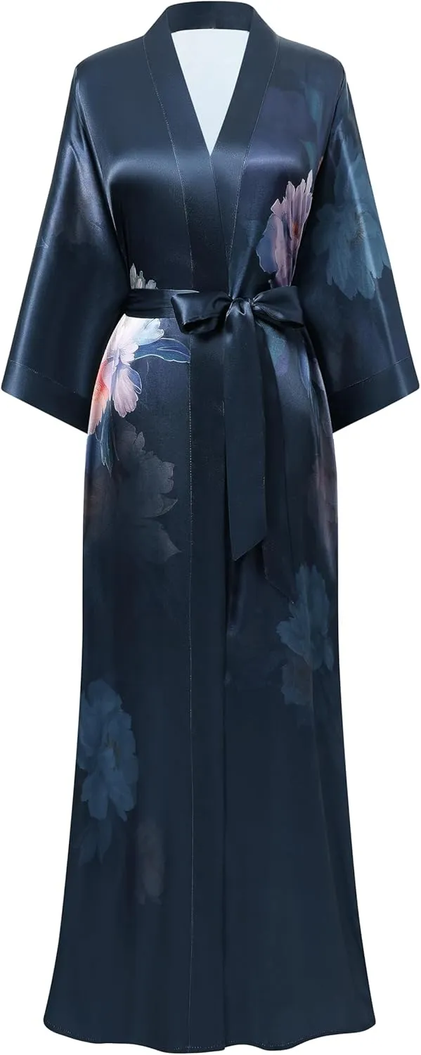 PRODESIGN Kimono Robes for Women - Long Satin Sleepwear Silky Nightgown Bathrobe Floral Dressing Gown Blouse Cardigan Robe