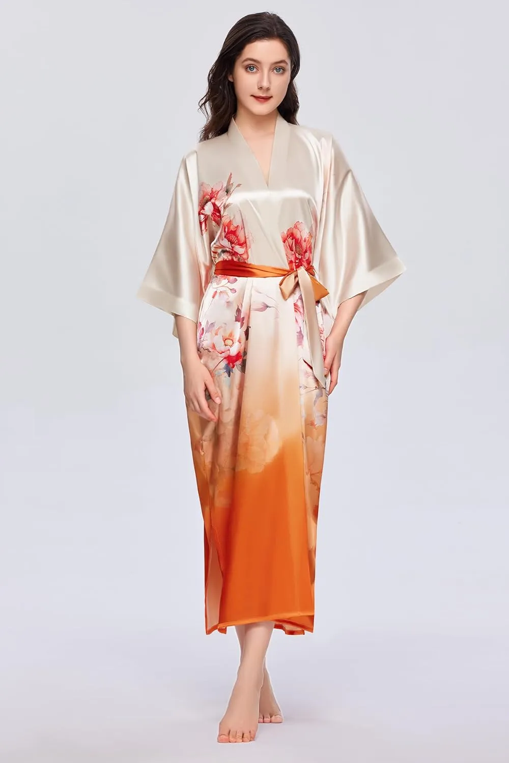 PRODESIGN Kimono Robes for Women - Long Satin Sleepwear Silky Nightgown Bathrobe Gradient Floral Dressing Gown Blouse Robe