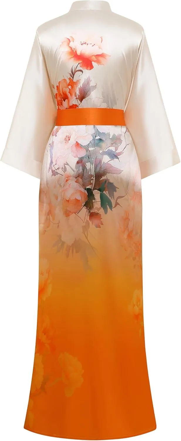 PRODESIGN Kimono Robes for Women - Long Satin Sleepwear Silky Nightgown Bathrobe Gradient Floral Dressing Gown Blouse Robe