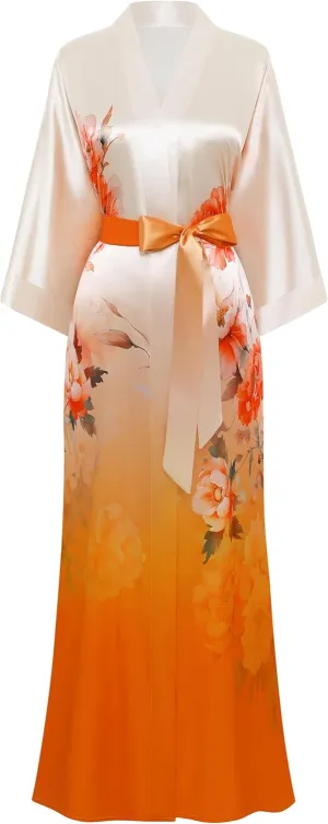 PRODESIGN Kimono Robes for Women - Long Satin Sleepwear Silky Nightgown Bathrobe Gradient Floral Dressing Gown Blouse Robe