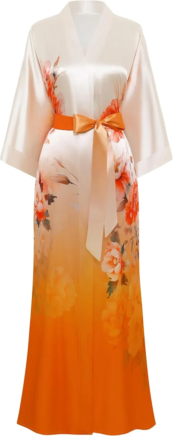 PRODESIGN Kimono Robes for Women - Long Satin Sleepwear Silky Nightgown Bathrobe Gradient Floral Dressing Gown Blouse Robe