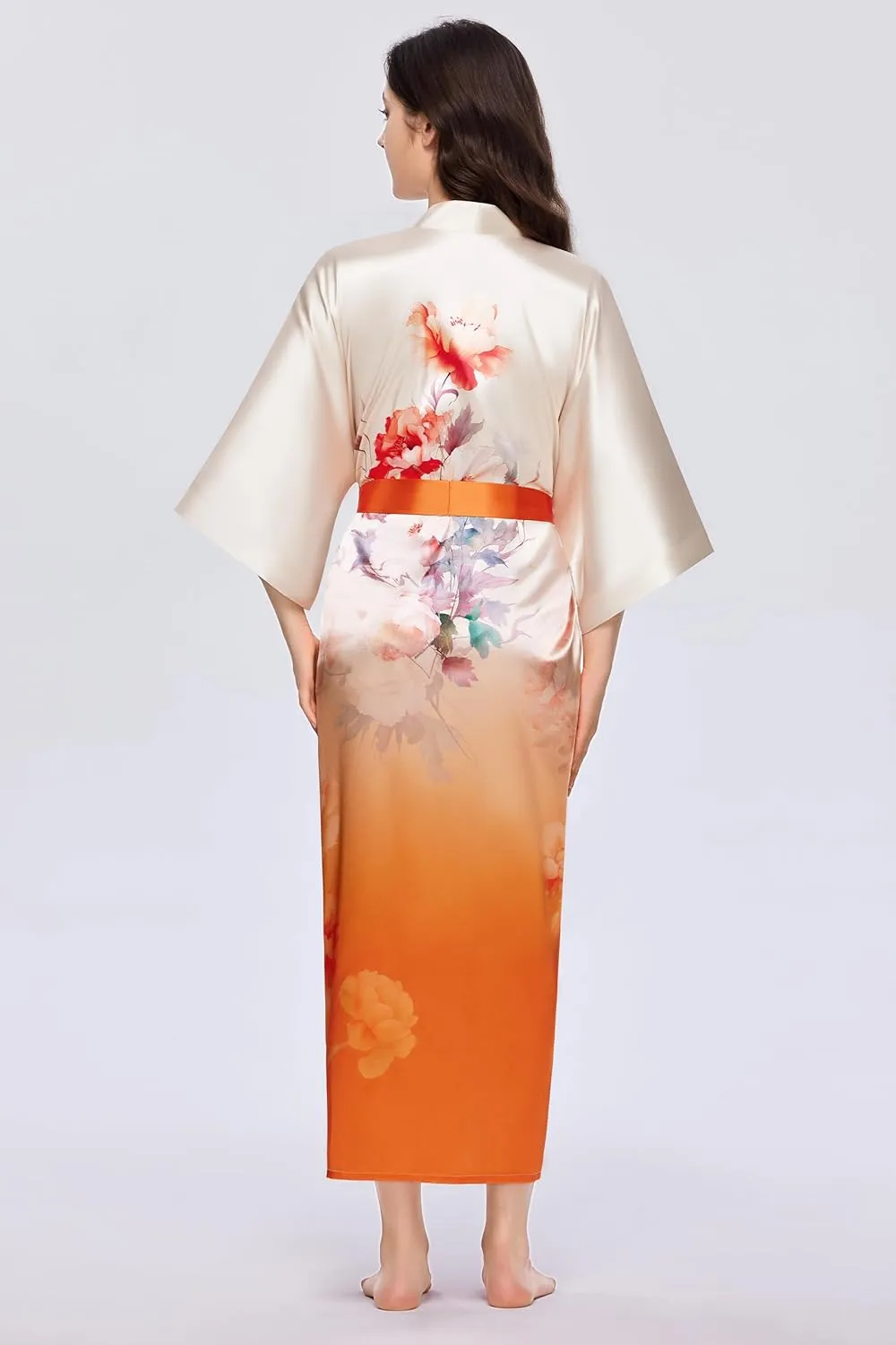 PRODESIGN Kimono Robes for Women - Long Satin Sleepwear Silky Nightgown Bathrobe Gradient Floral Dressing Gown Blouse Robe