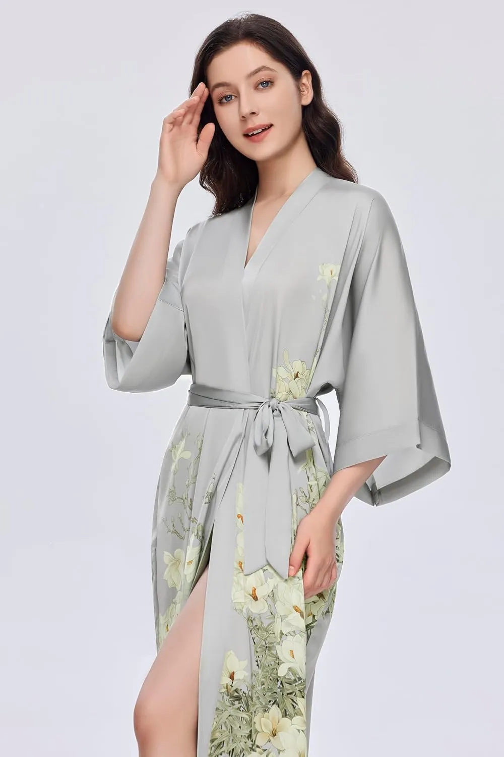 PRODESIGN Long Kimono Robe for Women Satin Sleepwear Silky Kimono Cover-Up Nightgown Bathrobe Loungewear Blouse Cardigan