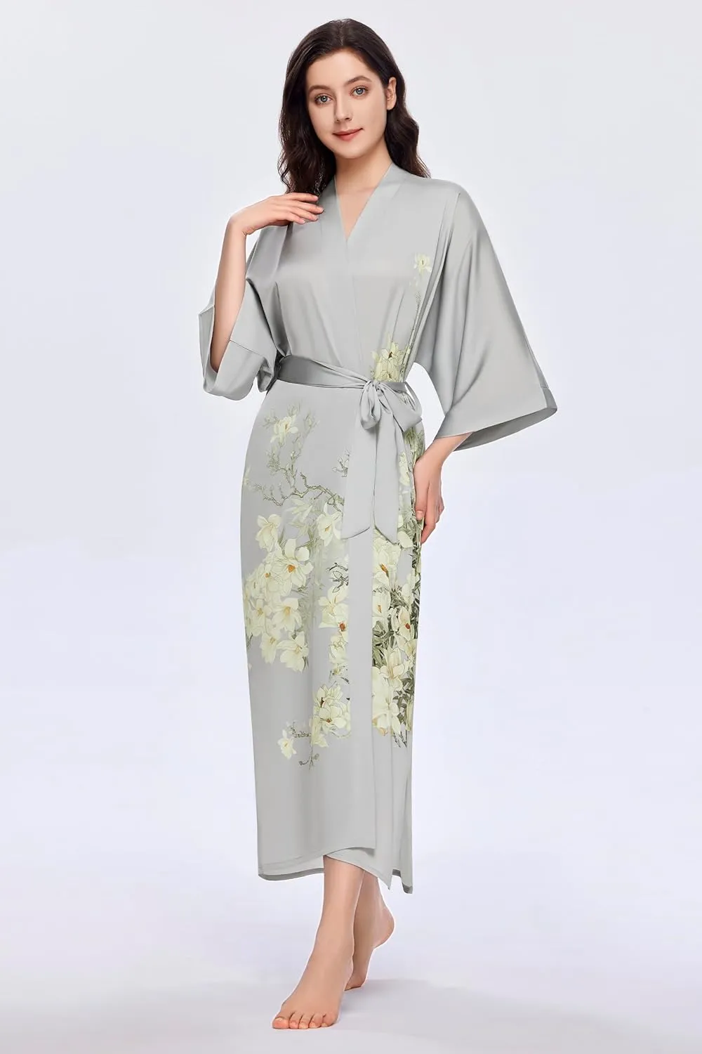 PRODESIGN Long Kimono Robe for Women Satin Sleepwear Silky Kimono Cover-Up Nightgown Bathrobe Loungewear Blouse Cardigan