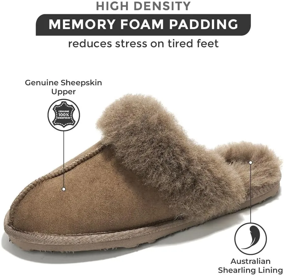 Project Cloud 100% Australian Sheepskin Scuff Slippers for Women - Genuine Shearling Memory Foam Slides for Women - Non-Slip Womens Slippers (Lynsey) (Lynsey)