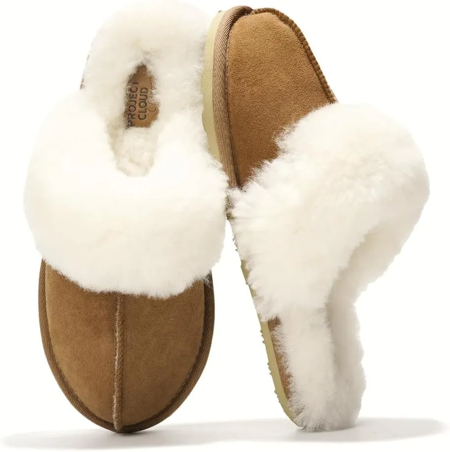 Project Cloud 100% Australian Sheepskin Scuff Slippers for Women - Genuine Shearling Memory Foam Slides for Women - Non-Slip Womens Slippers (Lynsey) (Lynsey)