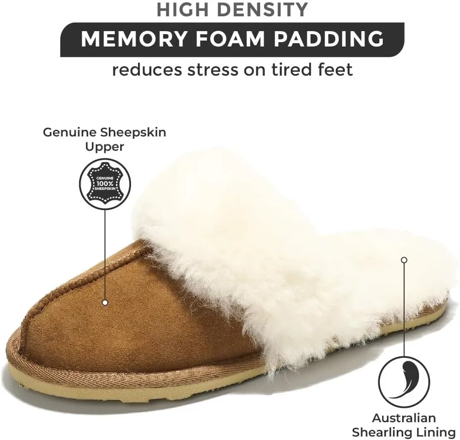 Project Cloud 100% Australian Sheepskin Scuff Slippers for Women - Genuine Shearling Memory Foam Slides for Women - Non-Slip Womens Slippers (Lynsey) (Lynsey)