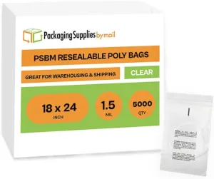 PSBM Polypropylene Bags 18 x 24 Inch Durable Polybags 5000 Count, Self Seal Clear Poly Bags with Suffocation Warning for Packaging & Shipping, Clear Zip bags for T Shirt packaging