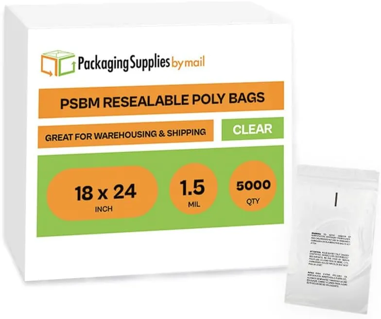 PSBM Polypropylene Bags 18 x 24 Inch Durable Polybags 5000 Count, Self Seal Clear Poly Bags with Suffocation Warning for Packaging & Shipping, Clear Zip bags for T Shirt packaging