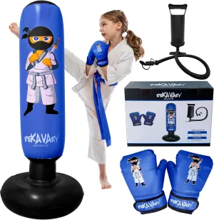 Punching Bag for Kids - 5' 3" Tall and Stable - Ninja Kids Inflatable Punching Bag Combo Kit with Kids Boxing Gloves, a Pump and Repair Kit. Boxing Bag for Immediate Bounce Back