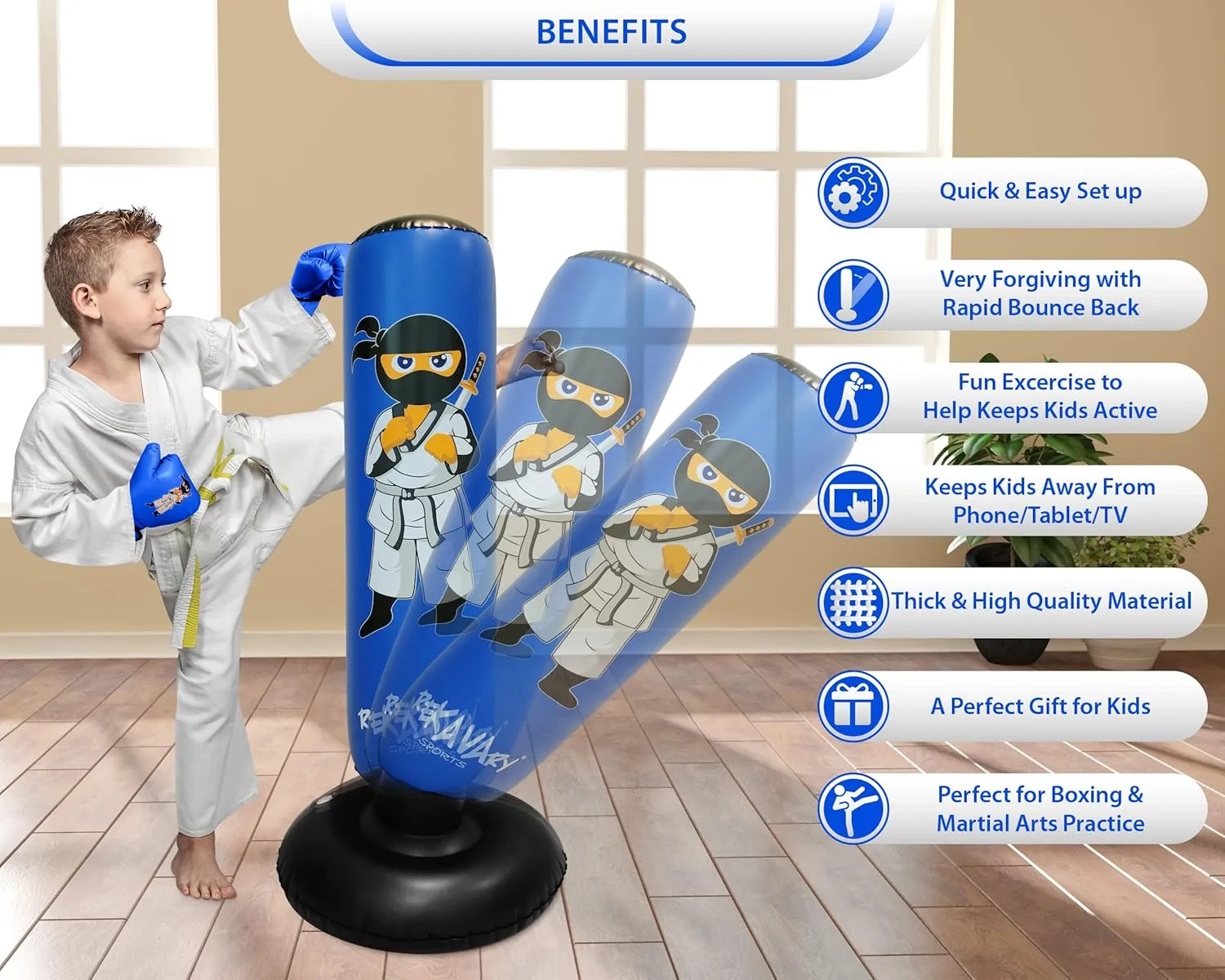 Punching Bag for Kids - 5' 3" Tall and Stable - Ninja Kids Inflatable Punching Bag Combo Kit with Kids Boxing Gloves, a Pump and Repair Kit. Boxing Bag for Immediate Bounce Back