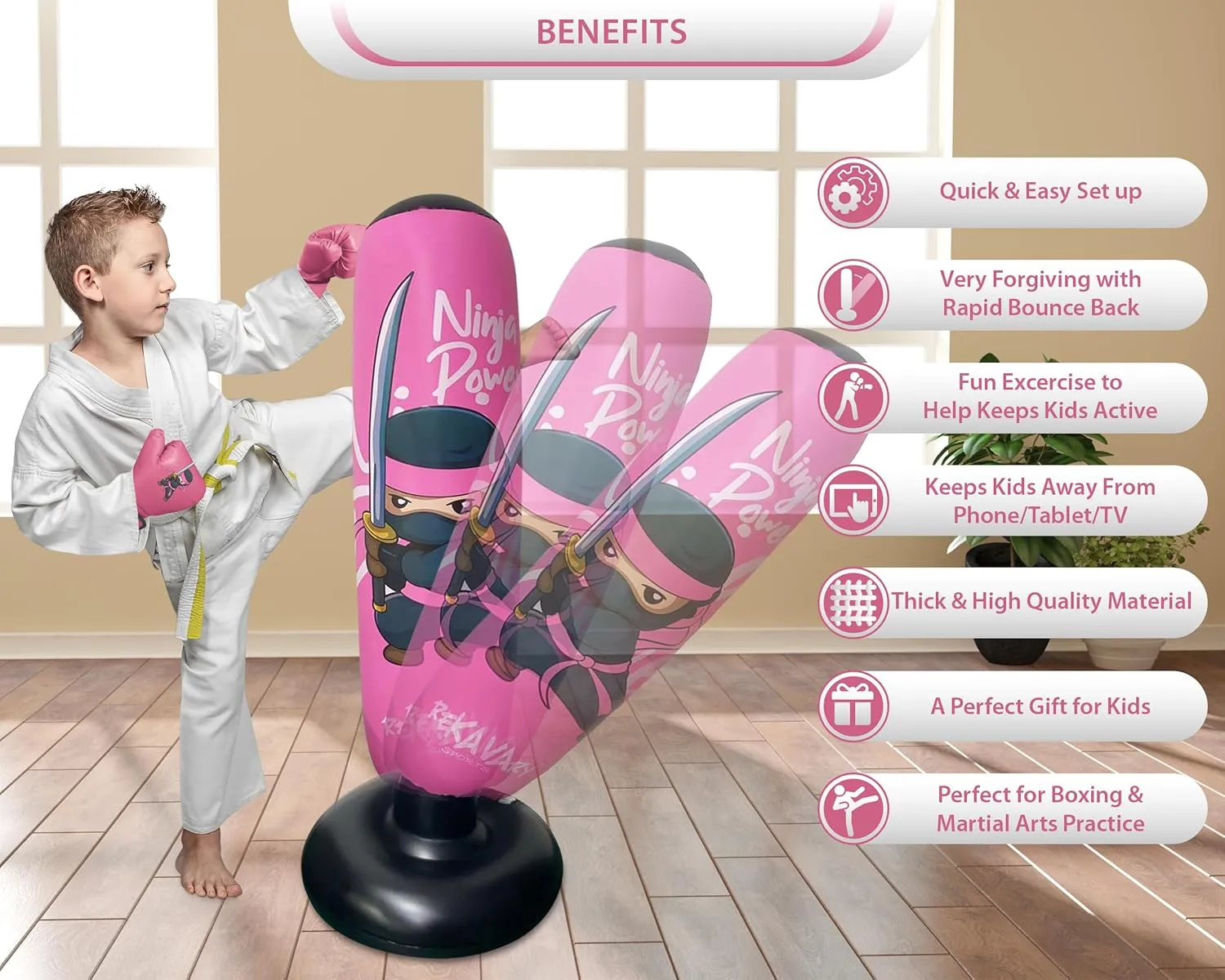 Punching Bag for Kids - 5' 3" Tall and Stable - Ninja Kids Inflatable Punching Bag Combo Kit with Kids Boxing Gloves, a Pump and Repair Kit. Boxing Bag for Immediate Bounce Back