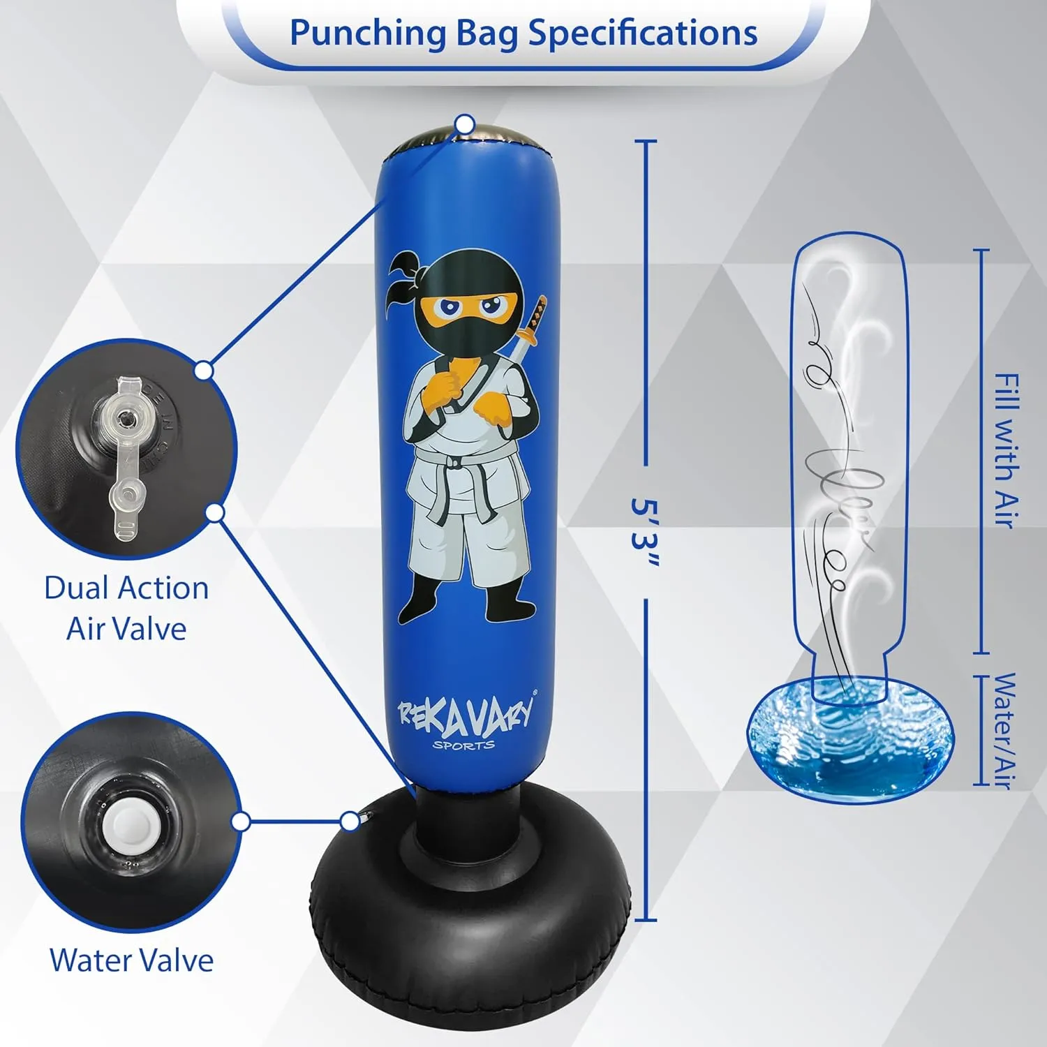 Punching Bag for Kids - 5' 3" Tall and Stable - Ninja Kids Inflatable Punching Bag Combo Kit with Kids Boxing Gloves, a Pump and Repair Kit. Boxing Bag for Immediate Bounce Back