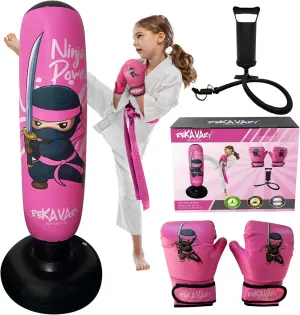 Punching Bag for Kids - 5' 3" Tall and Stable - Ninja Kids Inflatable Punching Bag Combo Kit with Kids Boxing Gloves, a Pump and Repair Kit. Boxing Bag for Immediate Bounce Back