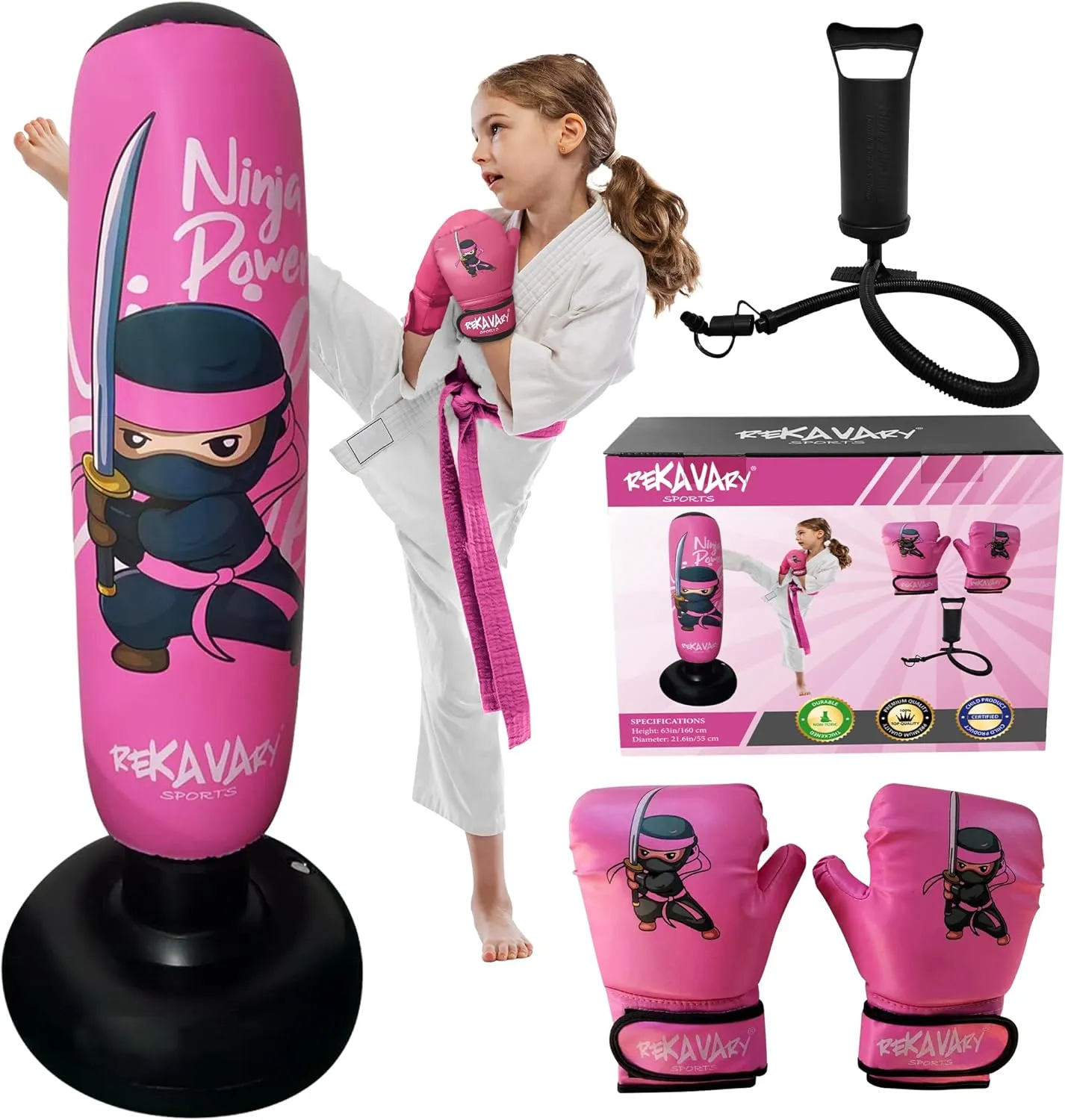Punching Bag for Kids - 5' 3" Tall and Stable - Ninja Kids Inflatable Punching Bag Combo Kit with Kids Boxing Gloves, a Pump and Repair Kit. Boxing Bag for Immediate Bounce Back