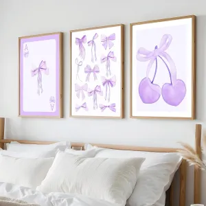 Purple Coquette Trendy Preppy Bows Cherry Wall Art Prints Set of 3 Watercolor Light Purple Poker Posters Wall Decor Girly Dorm Room College Apartment Aesthetic for Girls Bedroom 16x24 inch Unframed