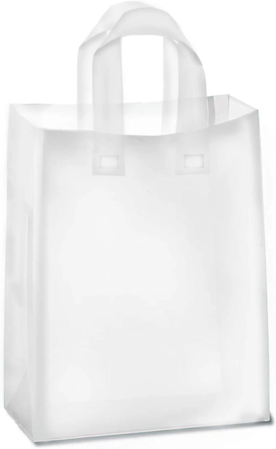 Purple Q Crafts Frosted Plastic Gift Bags 50 Pack 8" x 10" x 4" Clear Frosted Bags with Soft Loop Handles and Cardboard Insert for Gifts Retail and More
