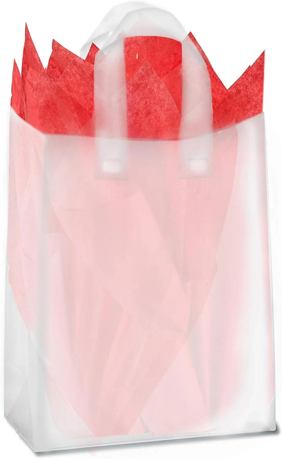 Purple Q Crafts Frosted Plastic Gift Bags 50 Pack 8" x 10" x 4" Clear Frosted Bags with Soft Loop Handles and Cardboard Insert for Gifts Retail and More