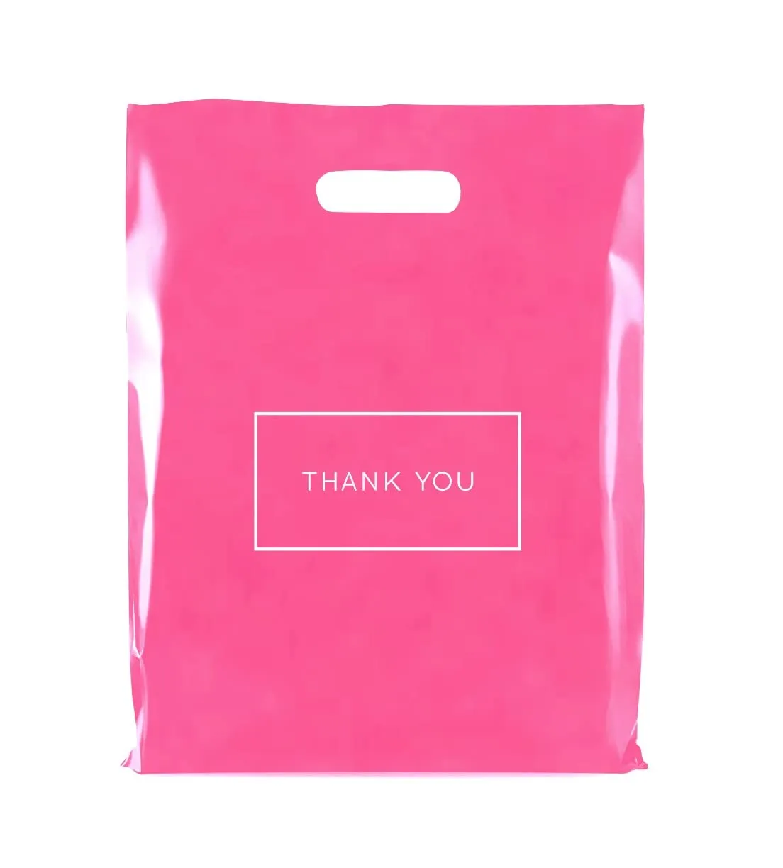 Purple Q Crafts Pink Die Cut Plastic Shopping Bags with Thank You Logo 12"x15" Boutique Bags with Handles 100 Pack for Merchandise, Gifts, Trade Shows and More