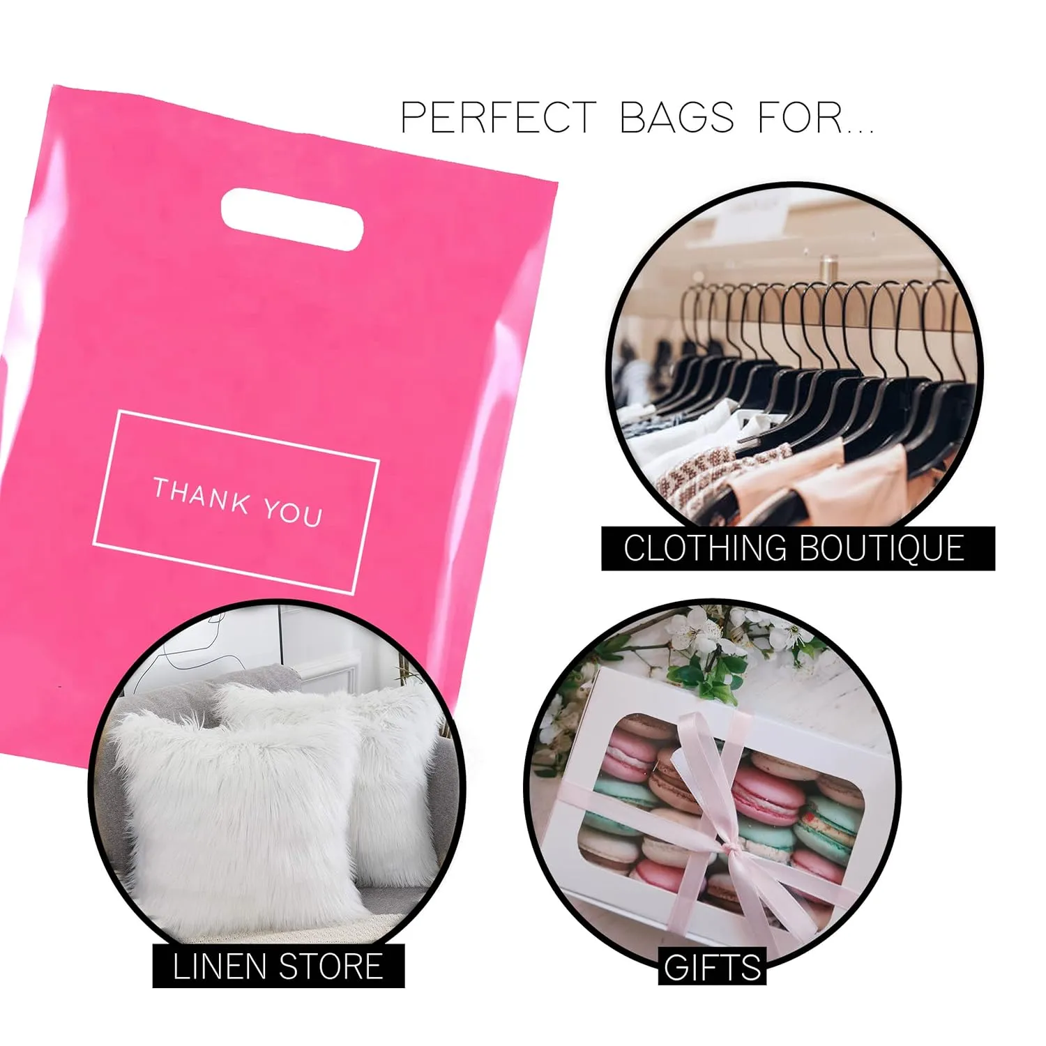 Purple Q Crafts Pink Die Cut Plastic Shopping Bags with Thank You Logo 12"x15" Boutique Bags with Handles 100 Pack for Merchandise, Gifts, Trade Shows and More