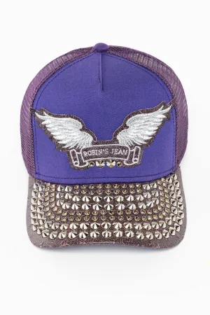 PURPLE/WINE OSTRICH TRUCKER HAT WITH SILVER WING LOGO EMBROIDERY
