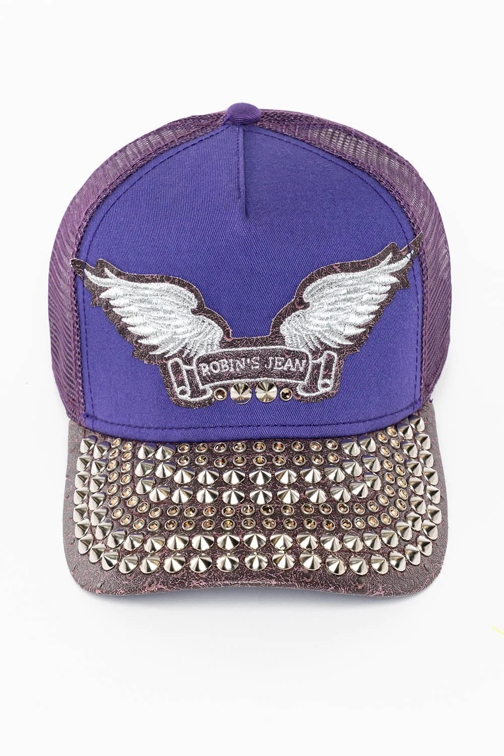 PURPLE/WINE OSTRICH TRUCKER HAT WITH SILVER WING LOGO EMBROIDERY