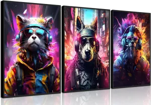 QGNBGBJ Gaming Posters Colorful Graffiti Animals Wall Decor Gamer Earphone Canvas Wall Art Watercolor Cat Dog Lion Pictures Prints for Teen Boys Children Game Room Painting Unframed(12x16in)