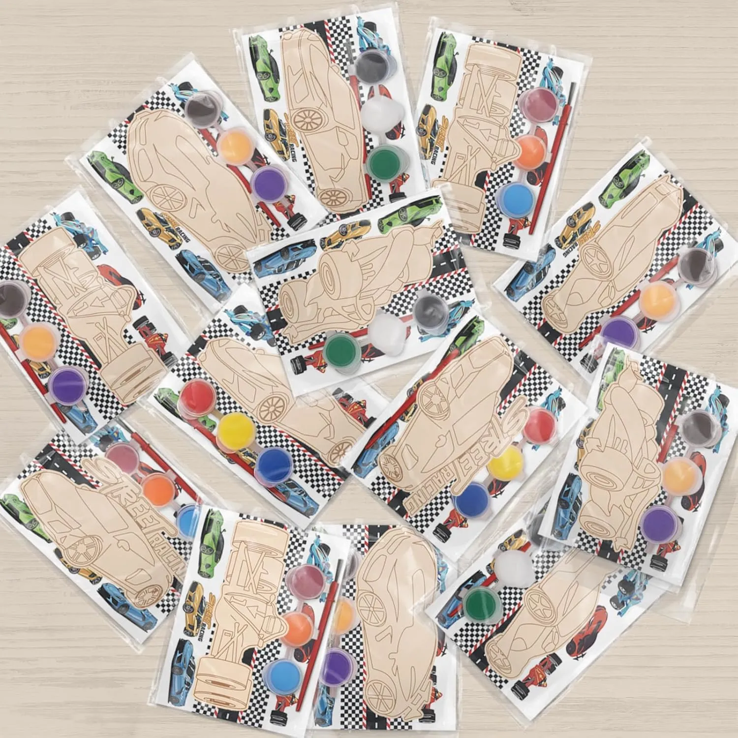 QICI Race Car Party Favors - 12 PCS Race Car Birthday Party Supplies - Large Racing Cards with Wood Painting Crafts Bulk - Thank You for Coming Gifts for Kids Boys Girls Toddler