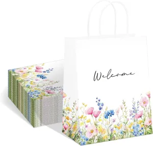 QIELSER Welcome Bags for Wedding Guests Bulk, Watercolor Wildflowers Welcome Gift Bags with Handles Shopping paper Bags Good for Wedding, Birthday Party Supplies, Craft, Packaging, Retail (50)
