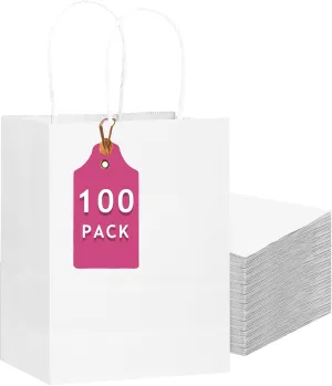 qiqee 100-Packs White Paper Gift Bags with Handles 13"×10.2"×4.7" Large Size Gift Bags Multiple Uses
