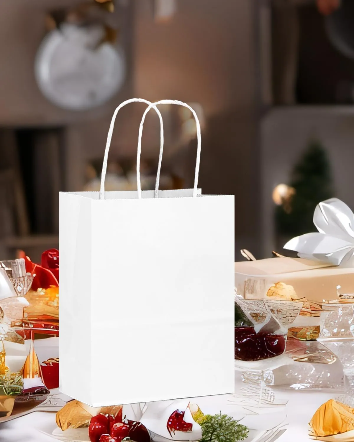 qiqee 100-Packs White Paper Gift Bags with Handles 7.6"x4.75"x10.5" Medium Size Gift Bags Multiple Uses