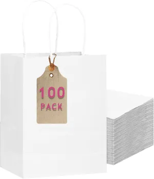 qiqee 100-Packs White Paper Gift Bags with Handles 7.6"x4.75"x10.5" Medium Size Gift Bags Multiple Uses