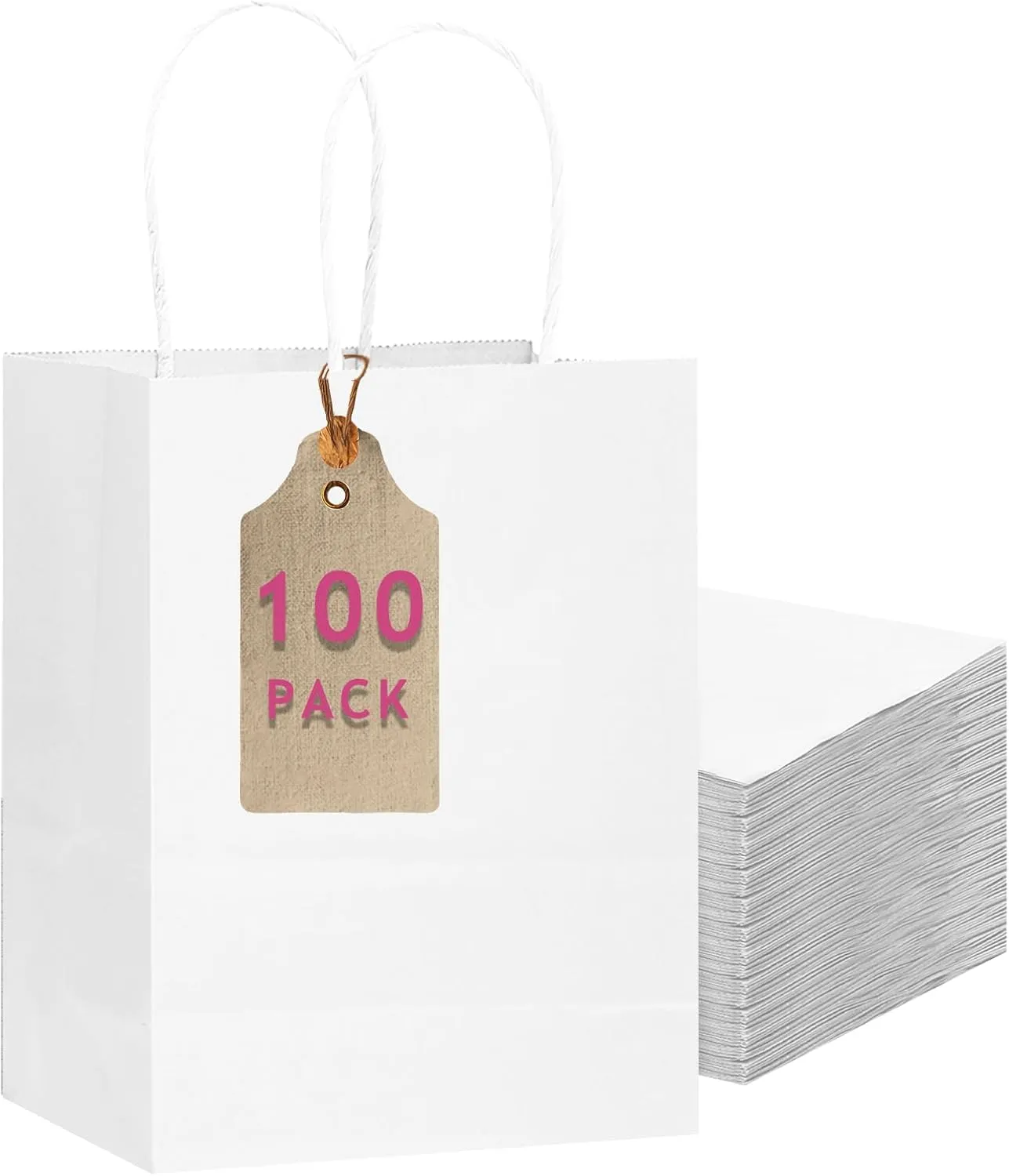 qiqee 100-Packs White Paper Gift Bags with Handles 7.6"x4.75"x10.5" Medium Size Gift Bags Multiple Uses