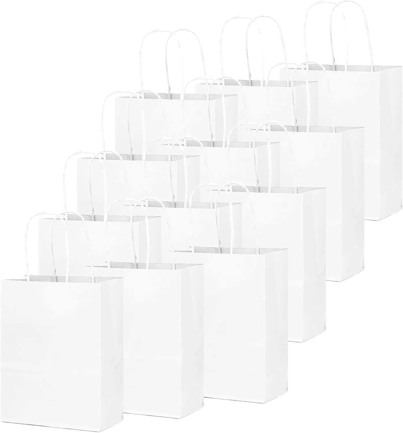 qiqee 100-Packs White Paper Gift Bags with Handles 7.6"x4.75"x10.5" Medium Size Gift Bags Multiple Uses