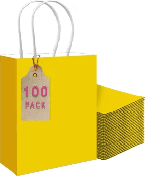 qiqee 100PCS Gift Bag with Handles Bulk Bright Yellow Paper Bags Multiple Uses (11"x5"x8"inch Medium Size)