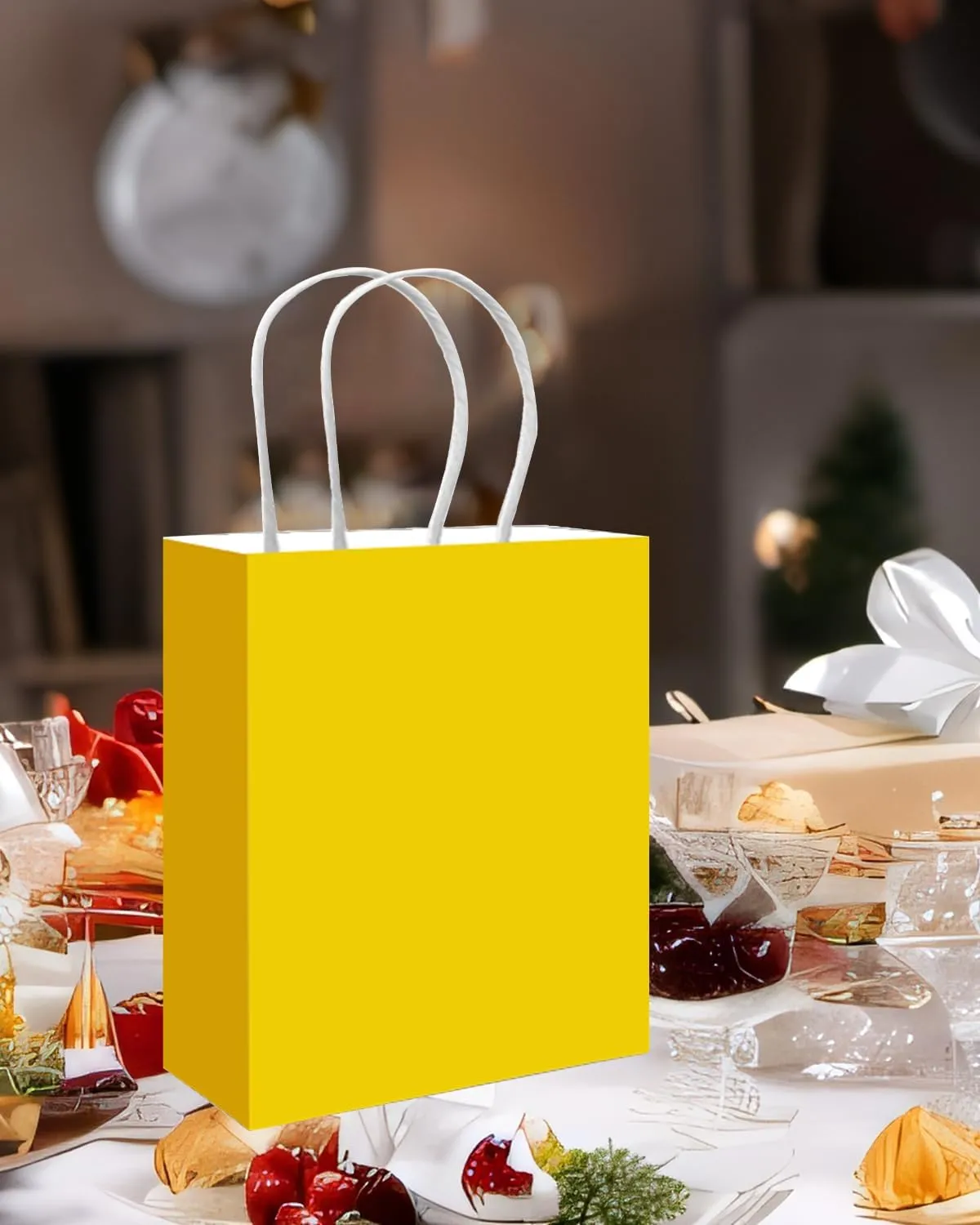 qiqee 100PCS Gift Bag with Handles Bulk Bright Yellow Paper Bags Multiple Uses (11"x5"x8"inch Medium Size)