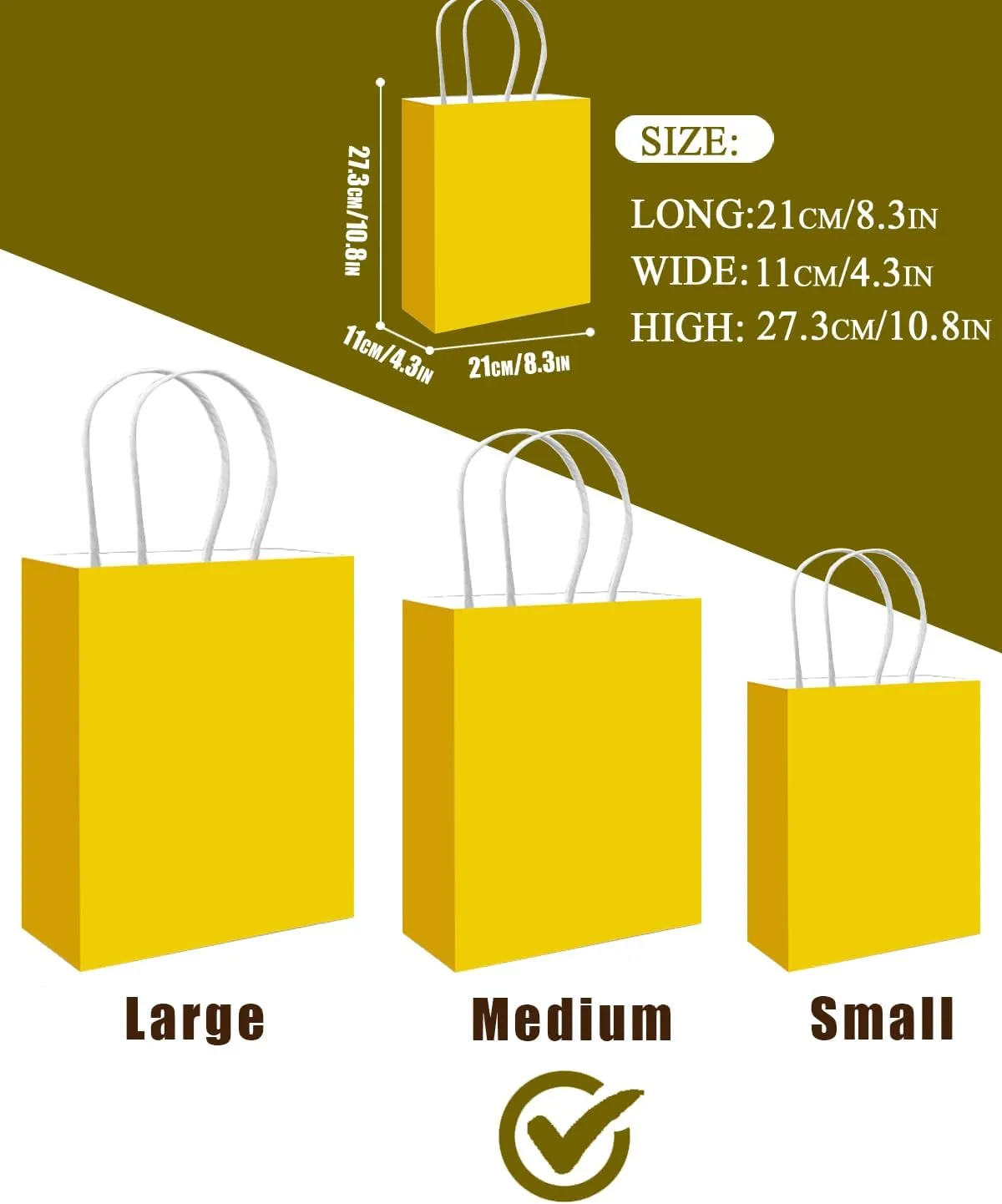 qiqee 100PCS Gift Bag with Handles Bulk Bright Yellow Paper Bags Multiple Uses (11"x5"x8"inch Medium Size)