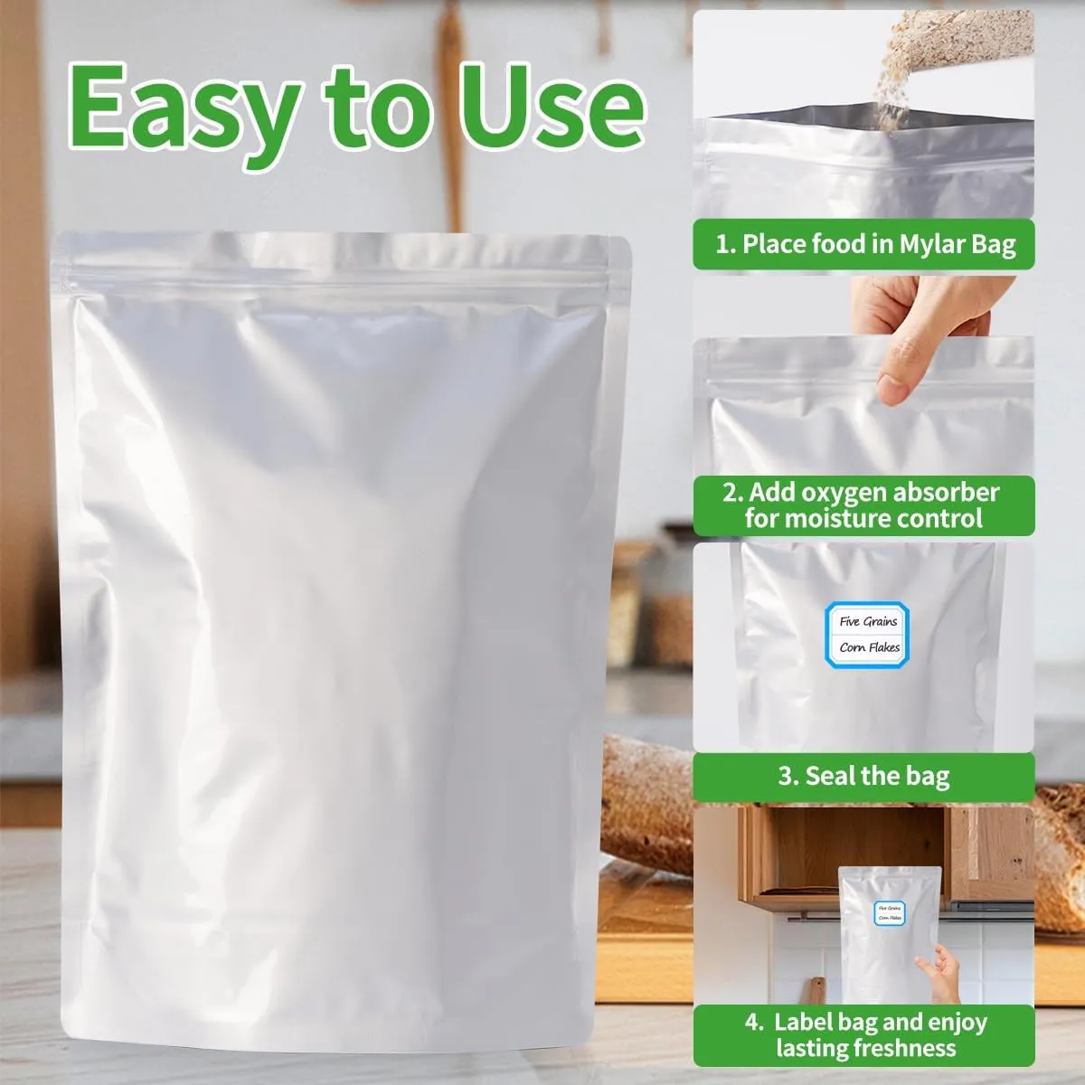 "50 pcs 1- Gallon (10"X14")   2- quart (8"X12") Mylar Bags with Oxygen Absorbers (500cc) for Food Storage – Durable Mylar Bags for Long-Term Food Preservation, Ideal for Dry Goods, Grains"
