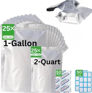 "50 pcs 1- Gallon (10"X14")   2- quart (8"X12") Mylar Bags with Oxygen Absorbers (500cc) for Food Storage – Durable Mylar Bags for Long-Term Food Preservation, Ideal for Dry Goods, Grains"