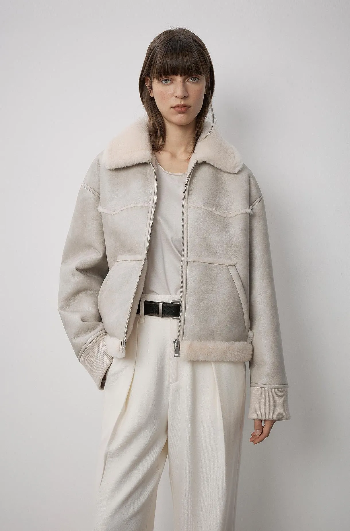 "Makino's Fun" Lapel Wool Artificial Compound Leather Short Style Shearling Jacket