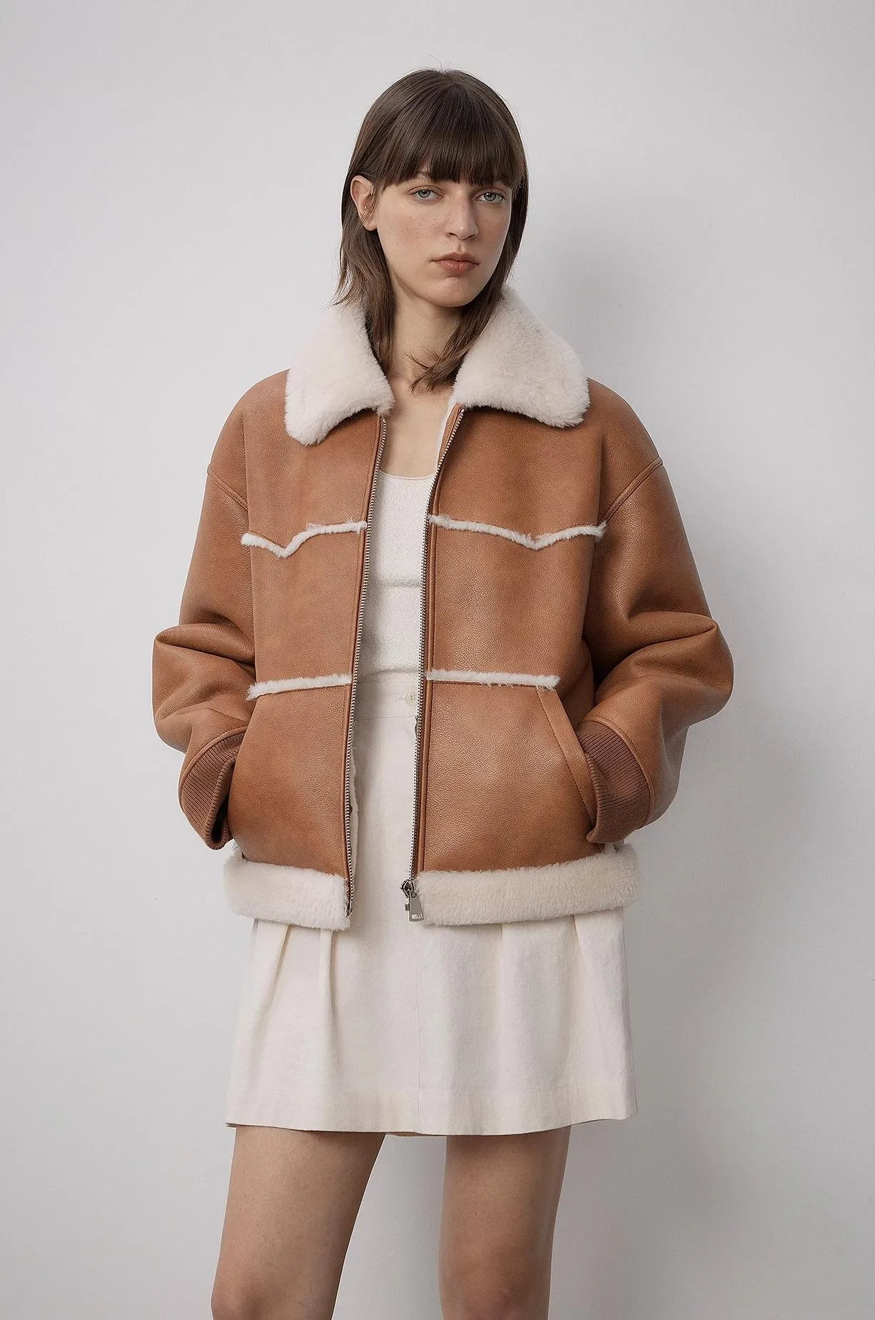 "Makino's Fun" Lapel Wool Artificial Compound Leather Short Style Shearling Jacket